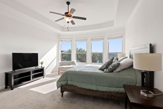 bedroom with a raised ceiling, carpet flooring, baseboards, and ceiling fan