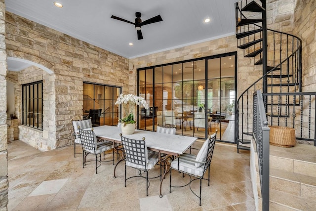 3204 Aztec Fall Cv, Austin, TX 78746 - view of patio featuring stairway, ceiling fan, and outdoor dining area