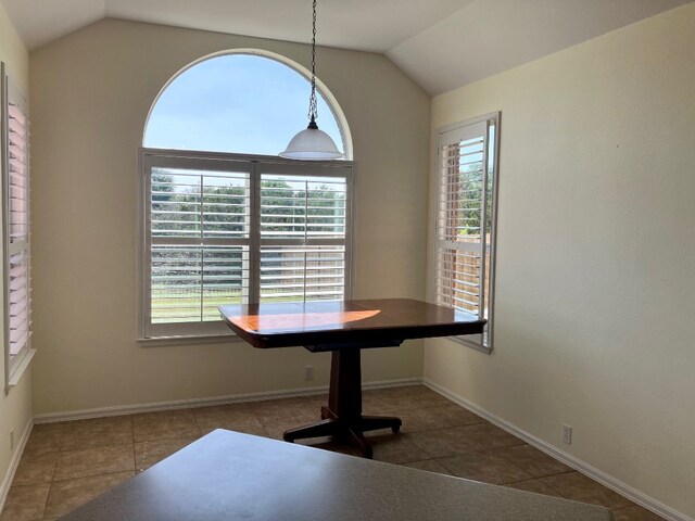 209 Country Creek Dr, Austin, TX 78737 - unfurnished dining area featuring plenty of natural light, lofted ceiling, tile patterned floors, and baseboards