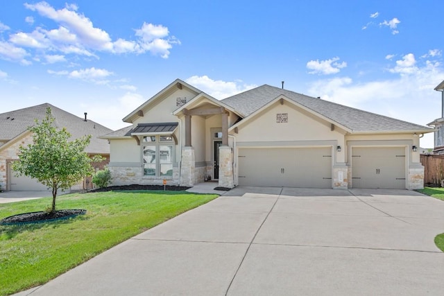view of front of home featuring stucco siding, driveway, stone siding, and an attached garage