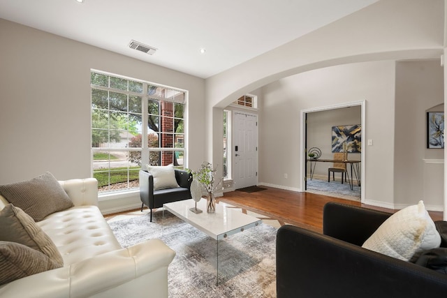 701 Stansted Manor Dr, Pflugerville, TX 78660 - living room with arched walkways, wood finished floors, and recessed lighting
