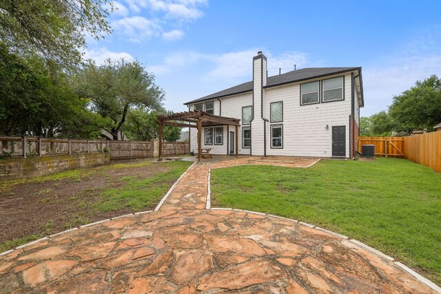 701 Stansted Manor Dr, Pflugerville, TX 78660 - back of house with a pergola, a patio area, a fenced backyard, and a chimney
