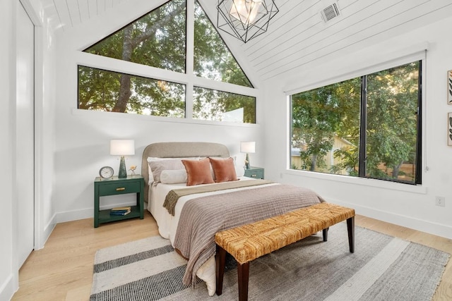 1908 Goodrich Ave Unit B, Austin, TX 78704 - bedroom featuring vaulted ceiling, multiple windows, wood finished floors, baseboards, and wood ceiling