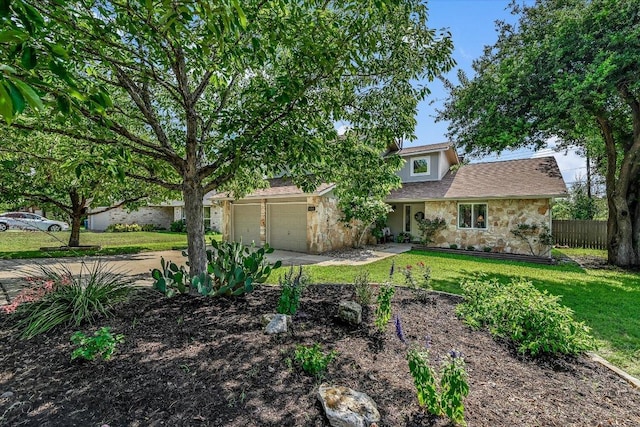 view of property hidden behind natural elements featuring stone siding, a garage, and driveway