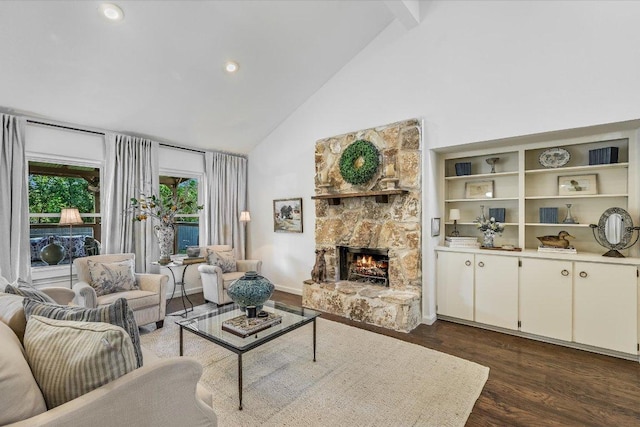 6201 Sun Vista Dr, Austin, TX 78749 - living room with high vaulted ceiling, a stone fireplace, dark wood-style floors, and recessed lighting