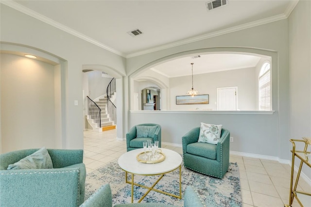 5133 Valburn Ct, Austin, TX 78731 - living area featuring arched walkways, tile patterned floors, ornamental molding, and stairway