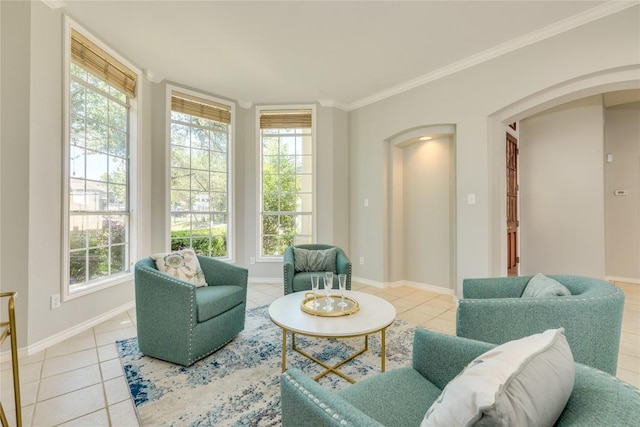 5133 Valburn Ct, Austin, TX 78731 - living room featuring arched walkways, tile patterned flooring, plenty of natural light, and ornamental molding