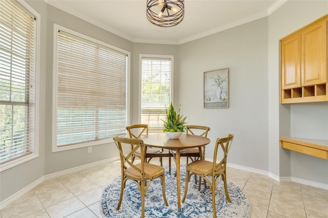 5133 Valburn Ct, Austin, TX 78731 - dining space featuring light tile patterned floors, plenty of natural light, a chandelier, and crown molding