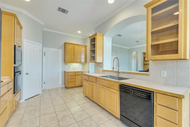 5133 Valburn Ct, Austin, TX 78731 - kitchen featuring black appliances, arched walkways, crown molding, tasteful backsplash, and light brown cabinetry
