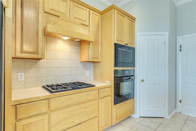 5133 Valburn Ct, Austin, TX 78731 - kitchen with black appliances, light brown cabinetry, crown molding, light countertops, and decorative backsplash