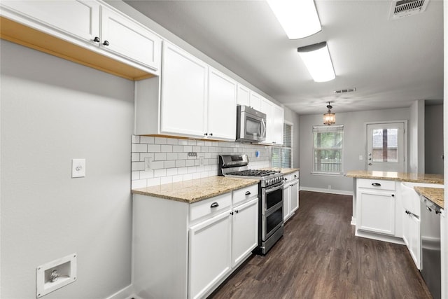 1600 Gretchen Dr, Cedar Park, TX 78613 - kitchen featuring appliances with stainless steel finishes, tasteful backsplash, white cabinets, and dark wood finished floors
