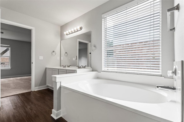 1600 Gretchen Dr, Cedar Park, TX 78613 - full bathroom with wood finished floors, a garden tub, double vanity, and plenty of natural light