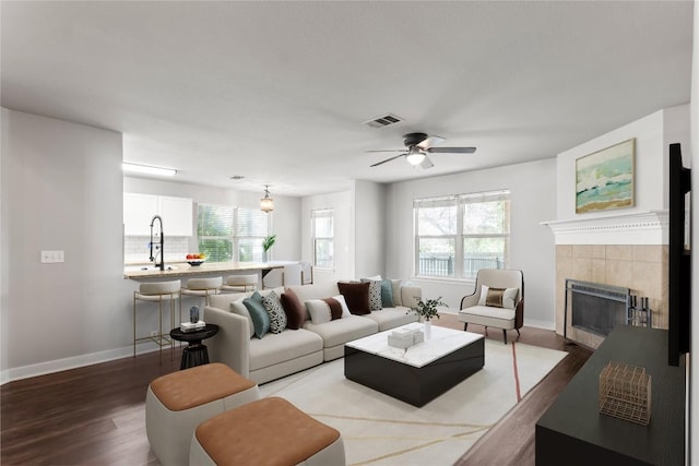 1600 Gretchen Dr, Cedar Park, TX 78613 - living room with a fireplace, baseboards, wood finished floors, and healthy amount of natural light