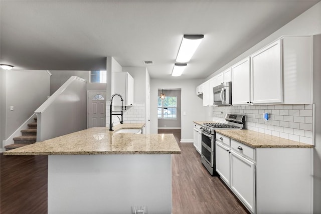 1600 Gretchen Dr, Cedar Park, TX 78613 - kitchen with appliances with stainless steel finishes, a sink, tasteful backsplash, a peninsula, and dark wood-style flooring