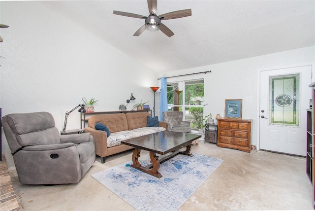 12 Catalpa Ct, Belton, TX 76513 - living room with ceiling fan, concrete flooring, and lofted ceiling