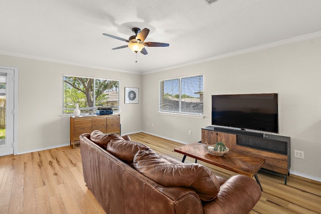 living area with plenty of natural light, crown molding, light wood-style flooring, and ceiling fan