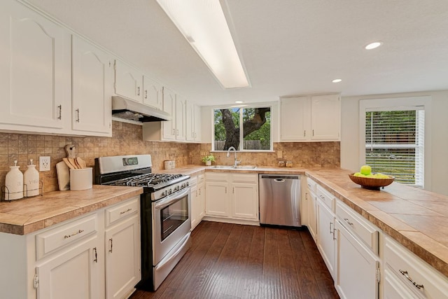kitchen featuring appliances with stainless steel finishes, under cabinet range hood, a sink, white cabinets, and light countertops