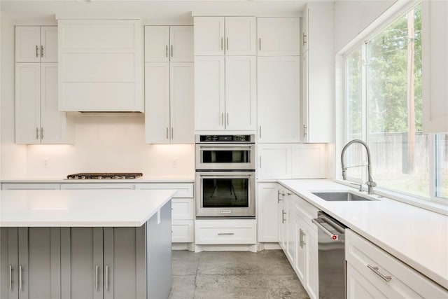 1305 Village W Dr, Austin, TX 78733 - kitchen with appliances with stainless steel finishes, light countertops, and white cabinetry