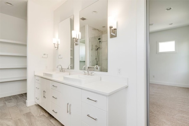 1305 Village W Dr, Austin, TX 78733 - full bathroom featuring a stall shower, double vanity, and recessed lighting