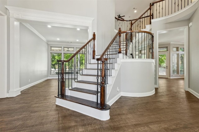 805 Parkwood Ct, Mckinney, TX 75072 - staircase featuring baseboards, recessed lighting, a high ceiling, wood finished floors, and ornamental molding