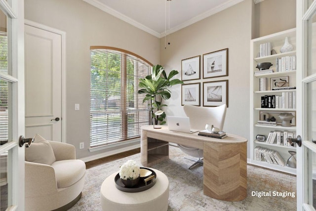 805 Parkwood Ct, Mckinney, TX 75072 - office featuring ornamental molding, wood finished floors, and baseboards