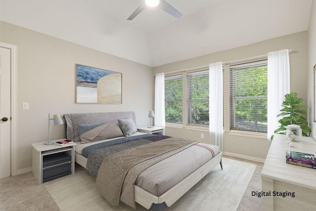 805 Parkwood Ct, Mckinney, TX 75072 - bedroom with light carpet, baseboards, a ceiling fan, and vaulted ceiling