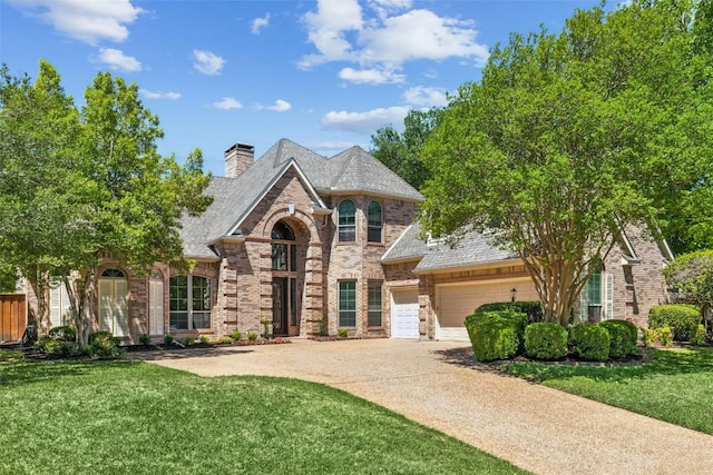805 Parkwood Ct, Mckinney, TX 75072 - french country style house with brick siding, an attached garage, a front lawn, driveway, and a chimney