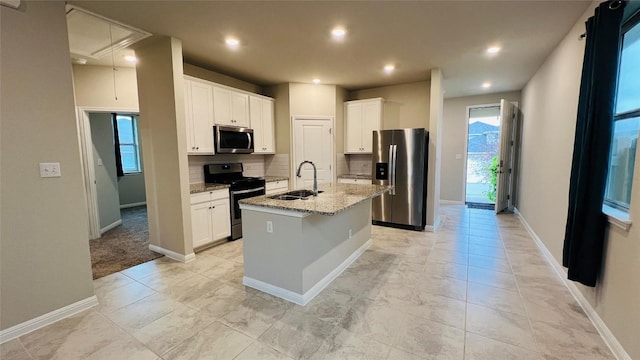kitchen with appliances with stainless steel finishes, a sink, tasteful backsplash, white cabinetry, and recessed lighting
