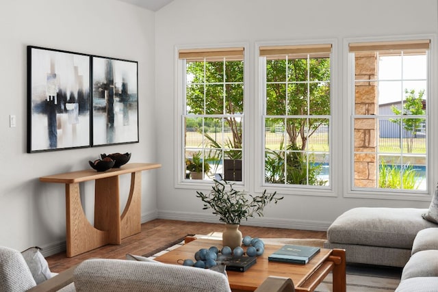 living area with plenty of natural light, baseboards, and wood finished floors