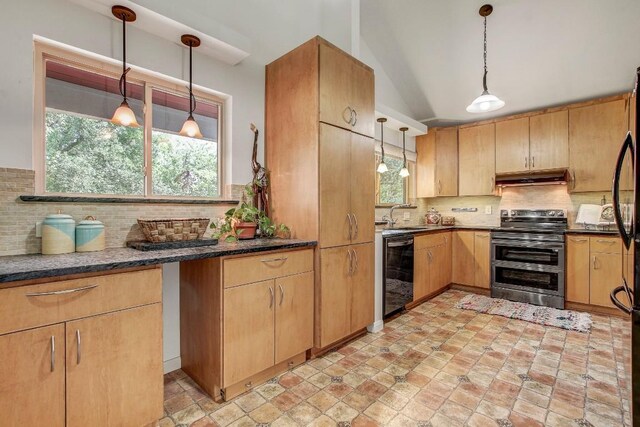 11007 Grapevine Ln, Austin, TX 78759 - kitchen featuring range with two ovens, under cabinet range hood, black dishwasher, backsplash, and vaulted ceiling