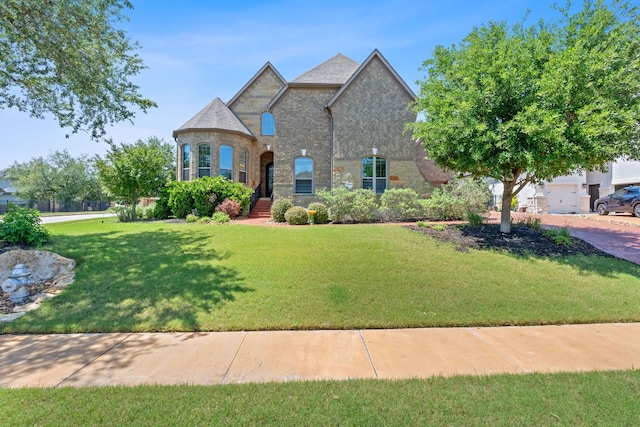 french country home featuring a front yard and stone siding