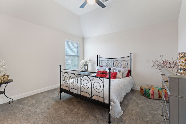 bedroom featuring carpet floors, lofted ceiling, baseboards, and ceiling fan