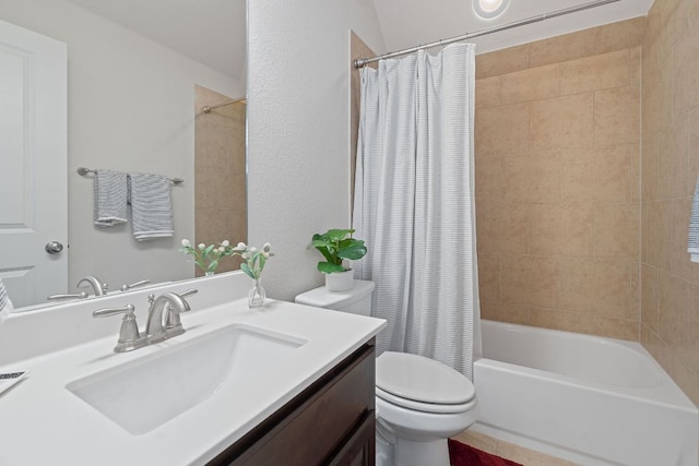full bath with toilet, shower / bath combo with shower curtain, and vanity