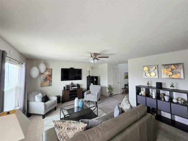 336 Farmer Ln, Jarrell, TX 76537 - living area featuring light carpet and ceiling fan