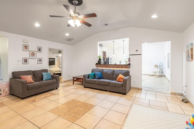176 Old Lexington Rd Unit C, Elgin, TX 78621 - living area with ceiling fan, vaulted ceiling, light tile patterned floors, and recessed lighting