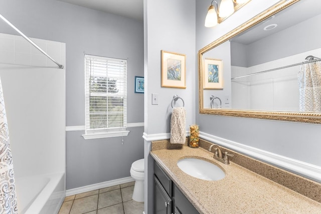 221 Breakaway Rd, Cedar Park, TX 78613 - bathroom featuring tile patterned floors, toilet, vanity, shower / bathtub combination with curtain, and baseboards