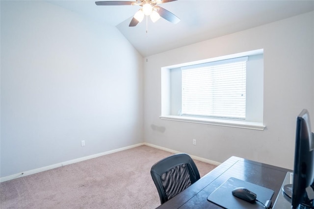 411 Tilly Ln, Buda, TX 78610 - carpeted home office featuring a ceiling fan and lofted ceiling