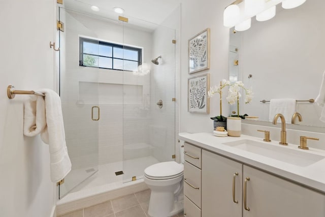full bath featuring a shower stall, toilet, vanity, and tile patterned floors