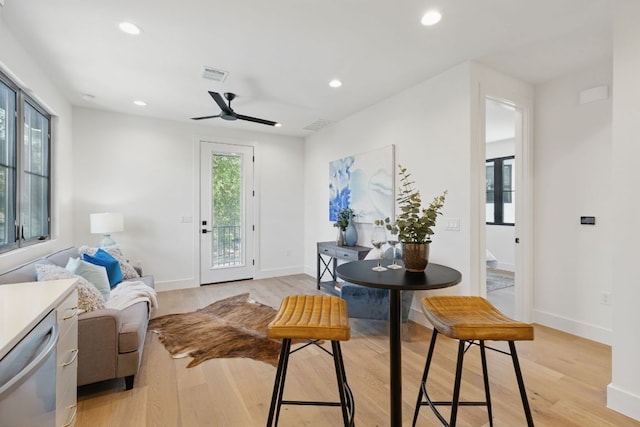 2304 W 8th, Austin, TX 78703 - living area featuring a ceiling fan, light wood-style floors, recessed lighting, and baseboards