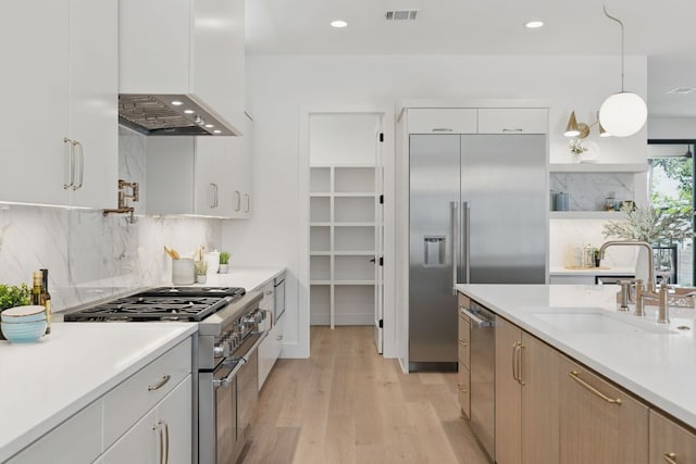 kitchen featuring high quality appliances, a sink, light wood-style flooring, backsplash, and light countertops
