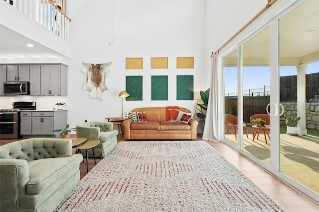 living room featuring a high ceiling and light wood-style floors
