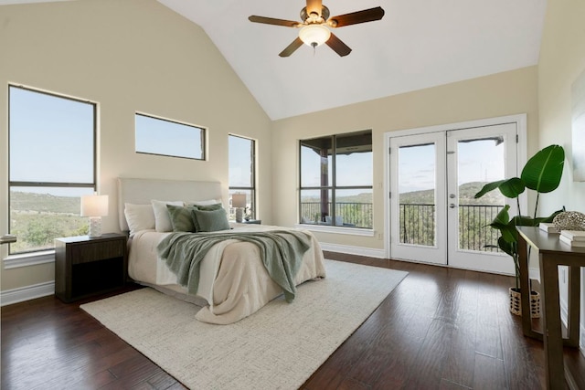 432 Stacey Ann Cv, Dripping Springs, TX 78620 - bedroom with access to outside, french doors, high vaulted ceiling, dark wood-type flooring, and a ceiling fan