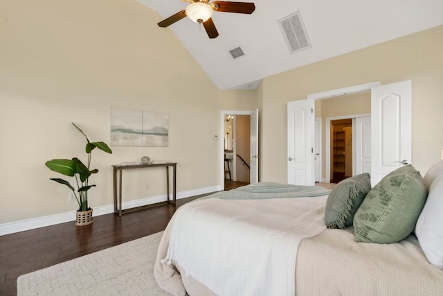 432 Stacey Ann Cv, Dripping Springs, TX 78620 - bedroom featuring wood finished floors, high vaulted ceiling, and ceiling fan