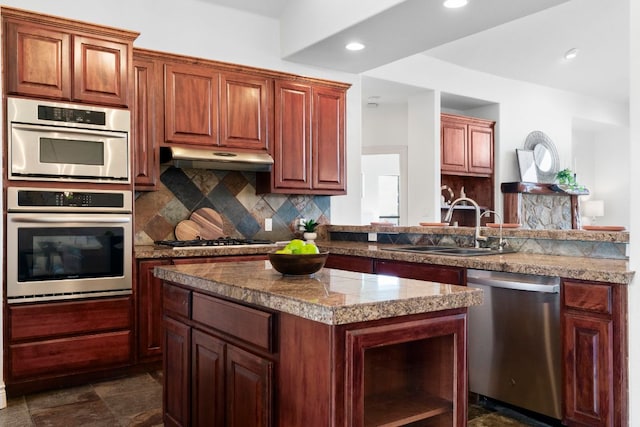 432 Stacey Ann Cv, Dripping Springs, TX 78620 - kitchen featuring stainless steel appliances, tile counters, tasteful backsplash, under cabinet range hood, and a kitchen island
