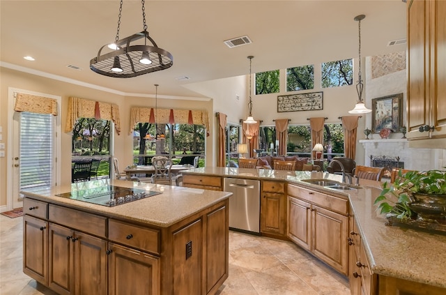 105 Hill Valley Cv, Georgetown, TX 78628 - kitchen featuring dishwasher, black electric cooktop, a sink, light stone countertops, and crown molding