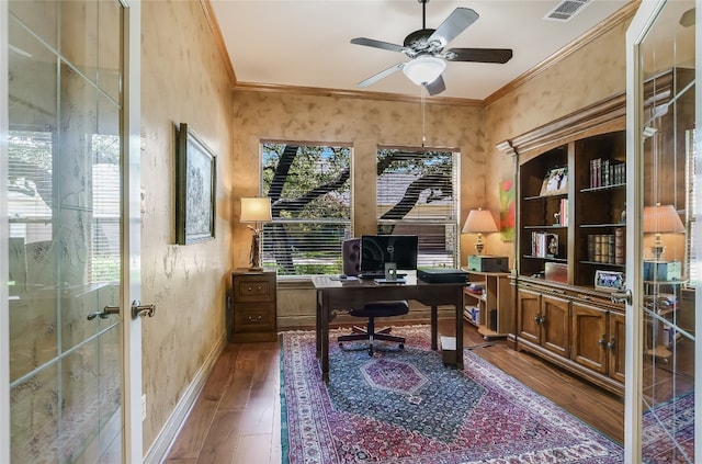 105 Hill Valley Cv, Georgetown, TX 78628 - office area featuring ornamental molding, hardwood / wood-style flooring, ceiling fan, and baseboards