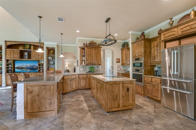 105 Hill Valley Cv, Georgetown, TX 78628 - kitchen with stainless steel appliances, open shelves, arched walkways, ornamental molding, and tasteful backsplash