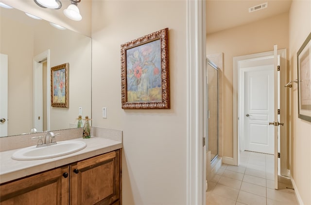 bathroom with tile patterned floors, a stall shower, and vanity