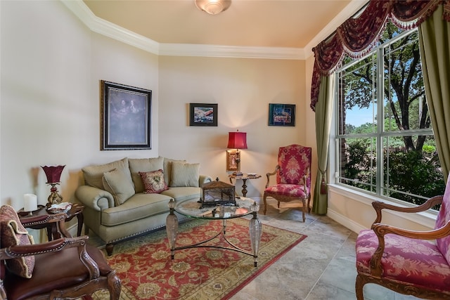 living room with ornamental molding, baseboards, healthy amount of natural light, and stone finish floors