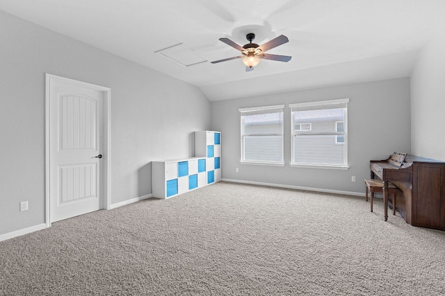 407 Stone View Trl, Austin, TX 78737 - recreation room with a ceiling fan, vaulted ceiling, carpet flooring, and baseboards